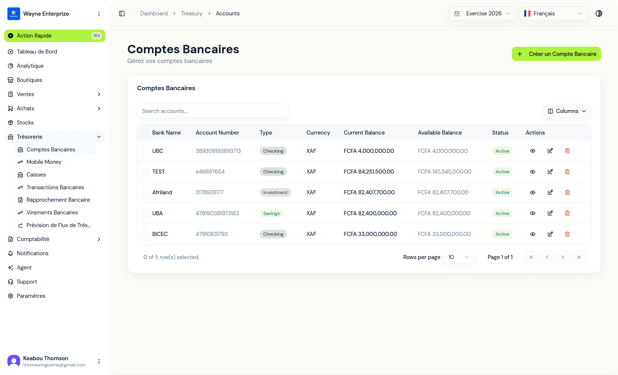 Treasury module preview in Enderix Finance