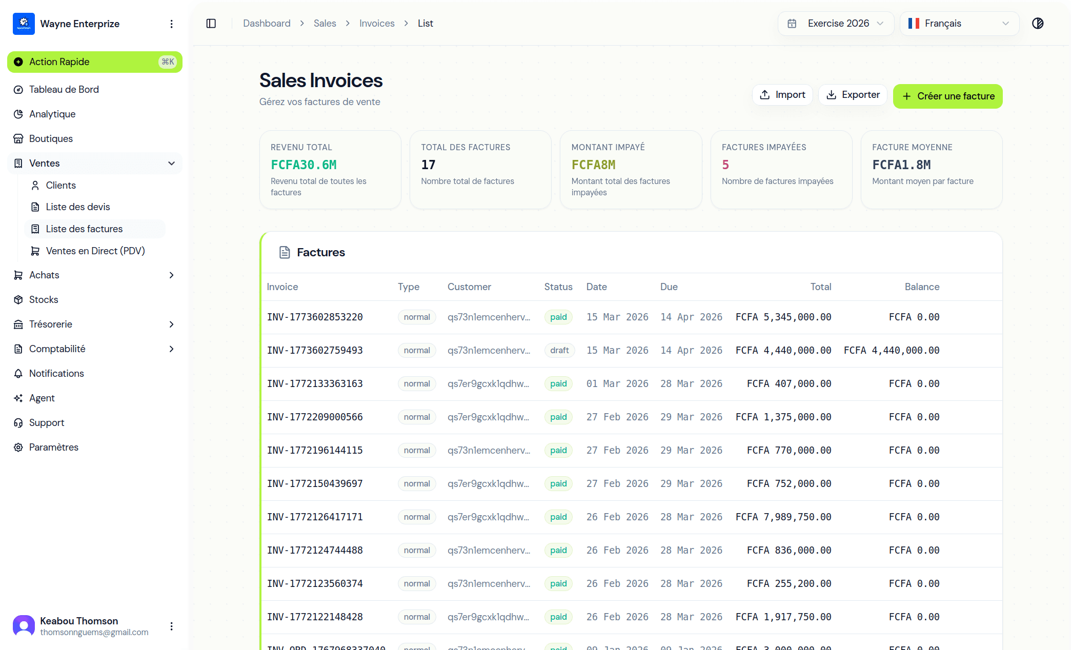 Sales and invoicing module preview in Enderix Finance