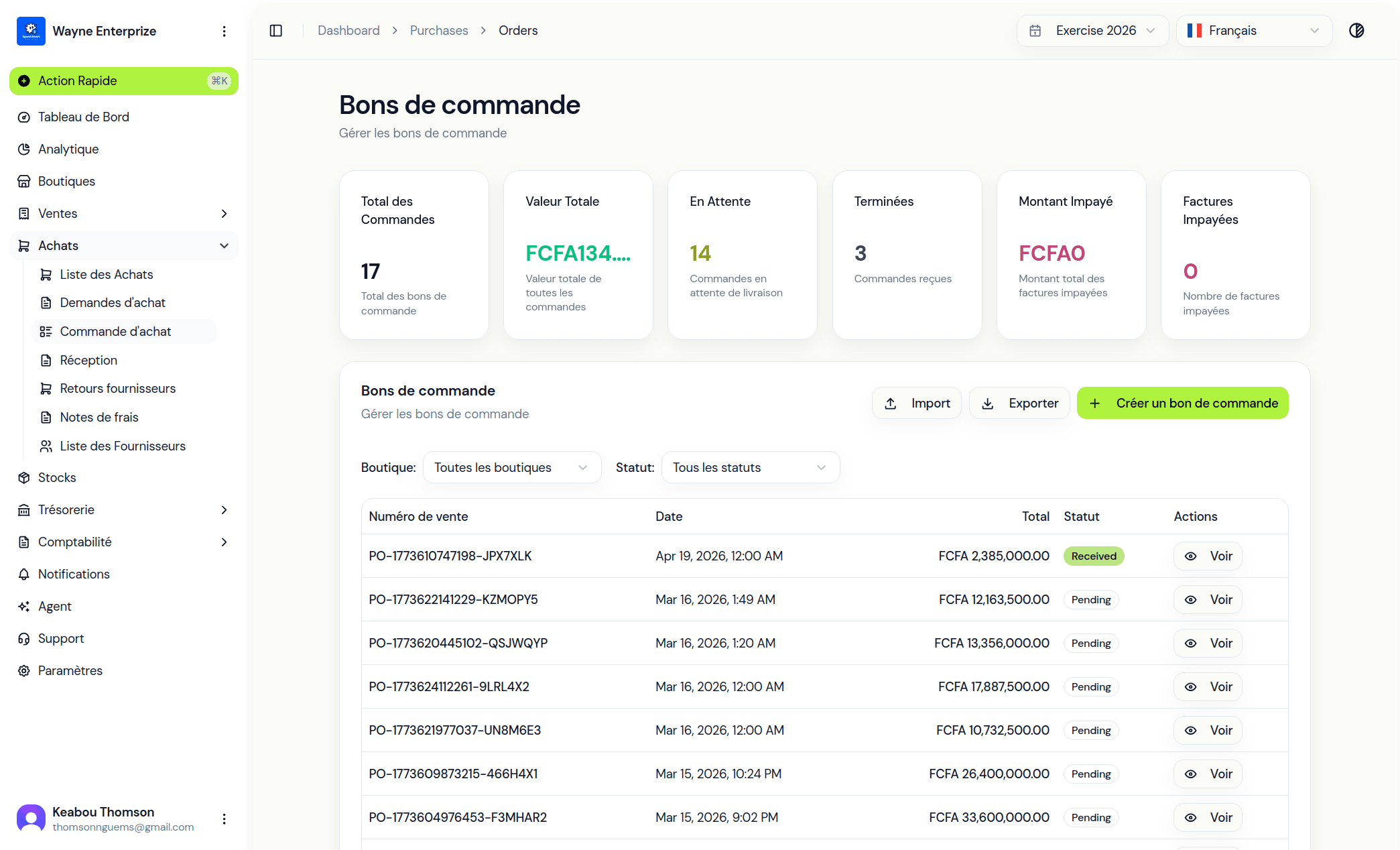 Purchase module preview in Enderix Finance